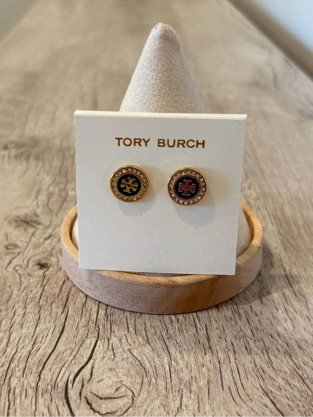 Tory Burch Gold and Blue Enamel Logo Crystal Stud Earrings